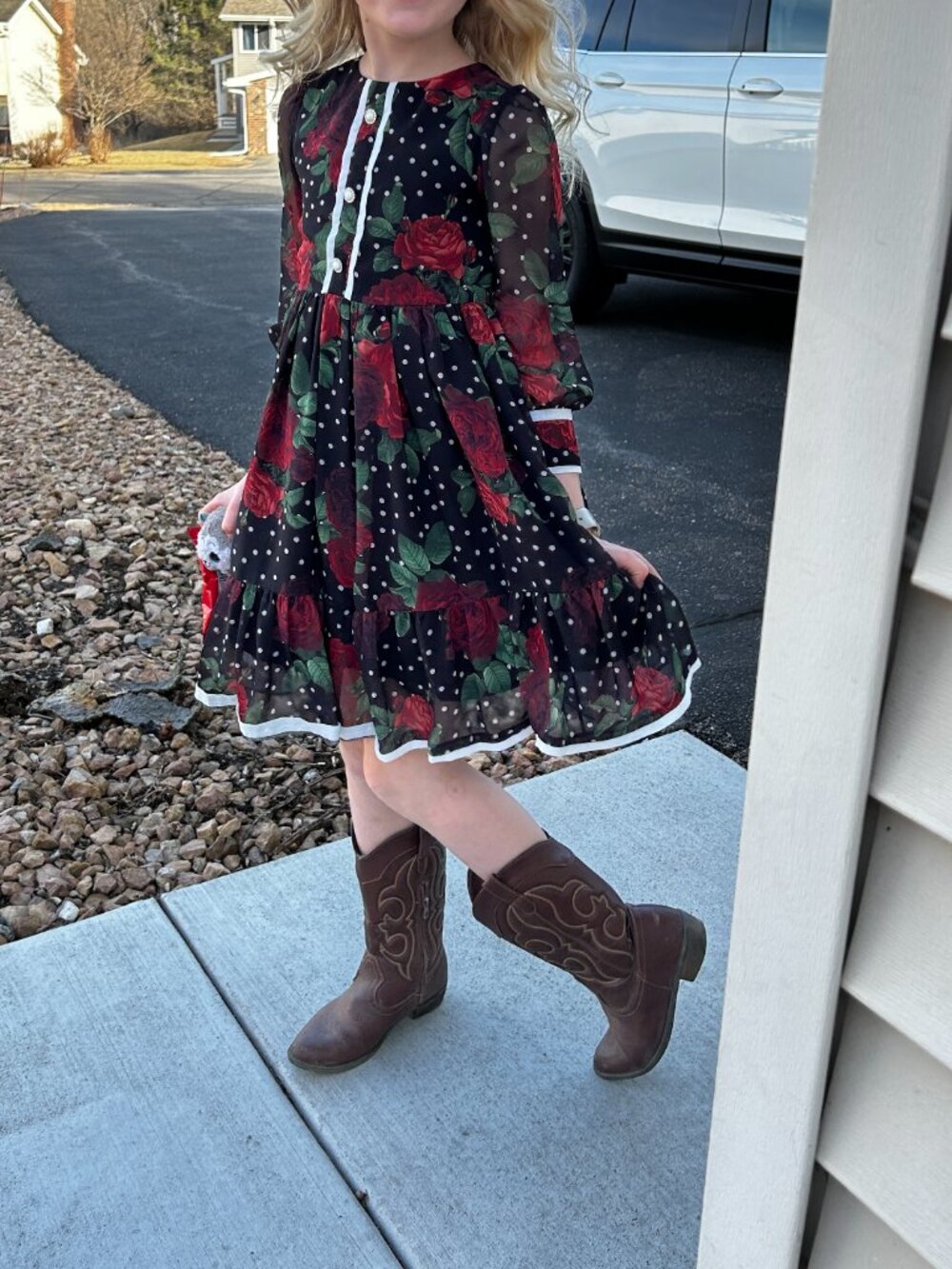 Patachou floral black long-sleeve dress.
